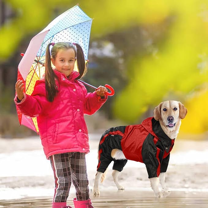 Dog Raincoat, Waterproof Dog Rain Jacket, Lightweight, Adjustable, Red, Large
