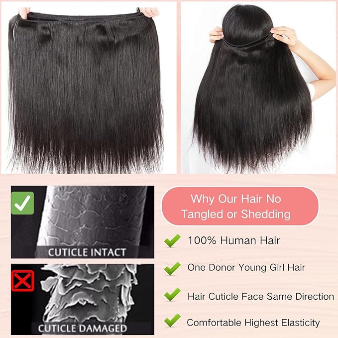 Selina Brazilian Virgin Human Hair Straight 4 Bundles 12 14 16 18 Inch Human Hair Brazilian Virgin Hair 100% Unprocessed Remy Hair Extensions Natural Black