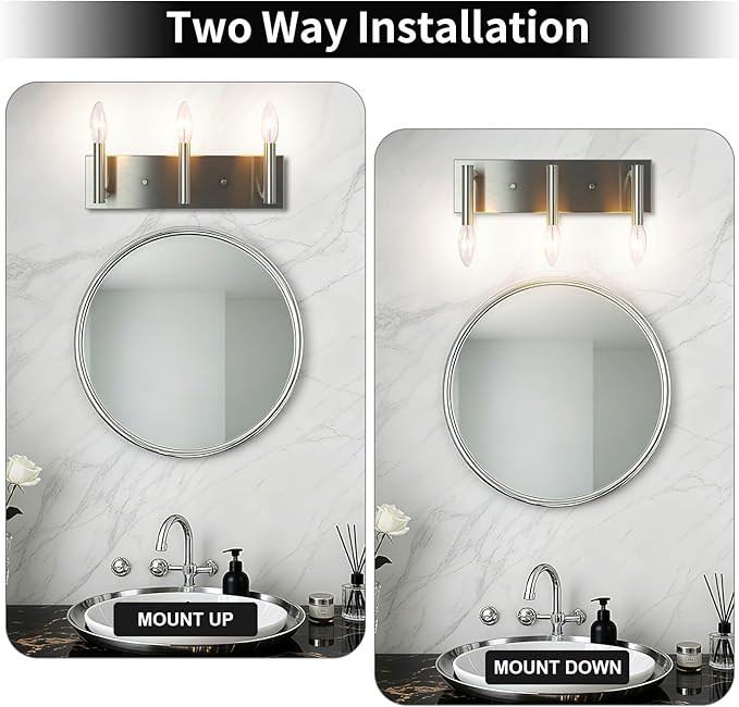 Kalium Bathroom Light Vanity Fixtures Over Mirror, 3-Lights Modern Brushed Nickel Wall Sconces, Minimalist Wall Lights for Livingroom Bedroom Entryway Hallway Staircase, E12 Base(Bulbs Not Included)
