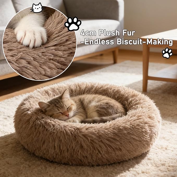 Calming Donut Dog Beds for Small Dogs Kitten - Washable Removable Cover Non-Slip Bottom, Round Pet Bed Puppy Bed Warming Fluffy Faux Fur Anti-Anxiety, Fits up to 15 lbs (Camel, 20")