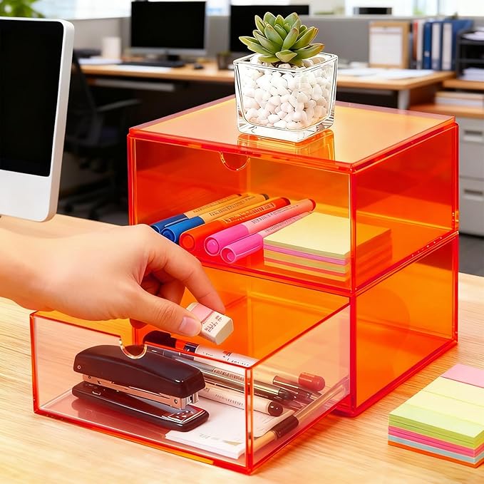 Acrylic Desk Organizer with Drawers Stackable Makeup Organizer for Vanity Office Countertop Cosmetic Display Cases Makeup Storage Box, Neon Orange
