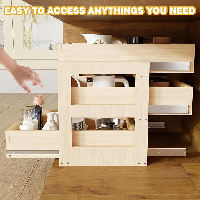 Pull Out Cabinet Organizer, 23''W×21''D×19''H Soft Close Slide Out Wooden Pull out Drawers, Three Tier Slide out Wood Cabinet Organizer, for Base Cabinet Organization in Kitchen, Pantry, Bathroom