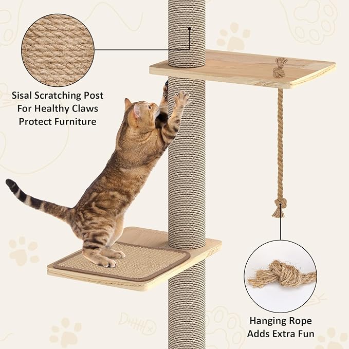 Cat Window Perch with Scratching Post, 47" Adjustable Window Perch for Large Cats with Hammock, Sisal Scratching Posts, Suction Cups, Multi-Level Cat Tree for Climbing, Sunbath, Bird Watching