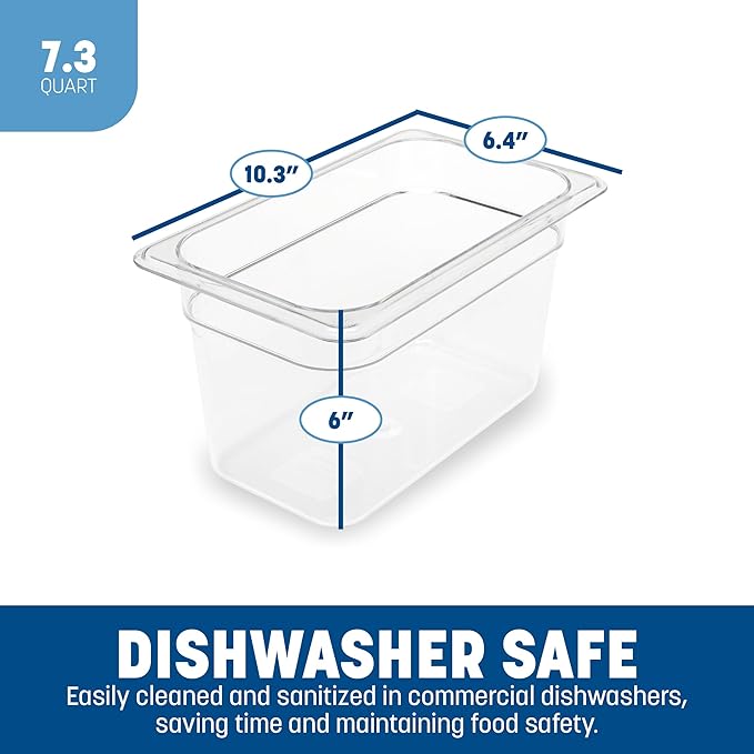 Carlisle FoodService Products Storplus Food Pan, Food Storage Container with Spoonable Corners for Catering, Buffets, Restaurants, Polycarbonate (Pc), 1/4 Size 6 Inches Deep, Clear, (Pack of 6)