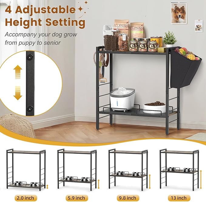 Elevated Dog Feeding Station, 23"D x11"W Large Raised Bowl Stand with Toy Basket Bin, 4 Height Adjustable Food Bowl Holder Cabinet Pet Storage Organizer for Medium Small Dogs Cats