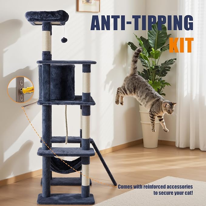 63 inch Multi-Level Cat Tree Tower 63 with Scratching Posts, Cozy Perches and Stable Climbing Platform for Indoor Cats,Dark Grey