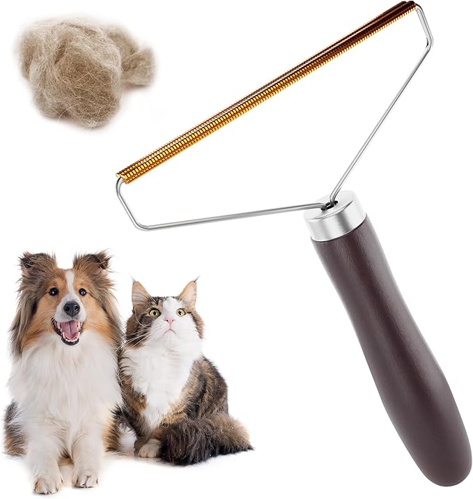 Pet Hair Remover for Furniture. Cat and Dog Fur Remover Tool. Reusable Lint Cleaner with Copper Teeth-Cutters and Wooden Handle. Metal Pet Hair Removal Tool for Carpet. Portable Couch Cleaner