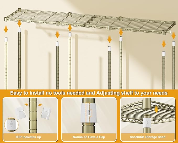 E14 Pro Heavy Duty Clothes Rack，Freestanding Clothing Racks for Hanging Clothes，Adjustable Closet Organizers and Storage，Metal Garment Rack with Shelves 69"W x16"D x77"H，Max Load 960LBS，Gold