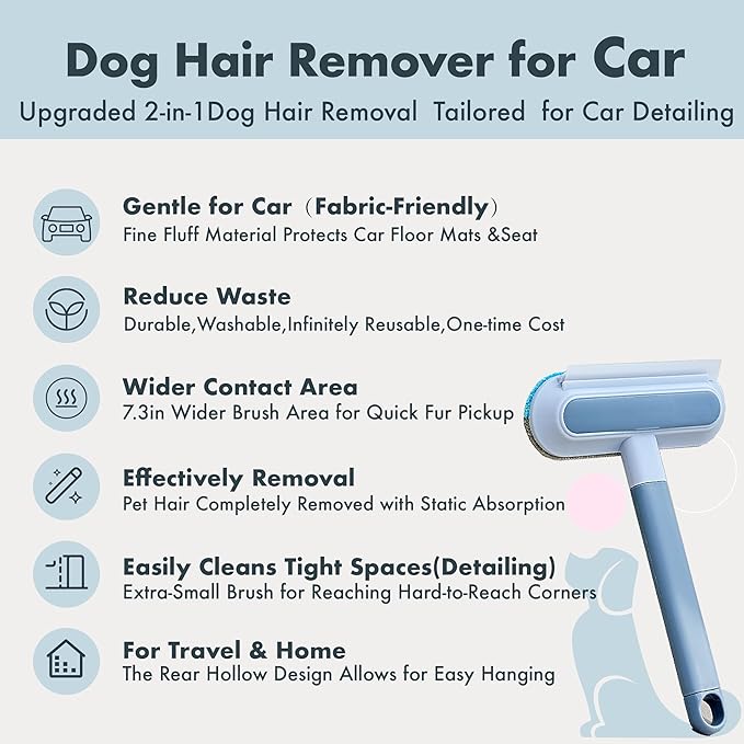 Dog Hair Remover for Car, Complete 3 in 1 Pet Hair Detailer Brush - Auto Detailing Tool for Car and Home Removes Hair from Car Seats, Carpets, and Couches, Reusable Fur Cleaning Solution