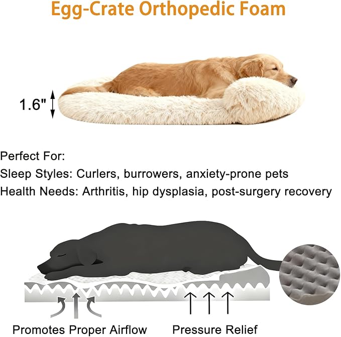 Calming Dog Beds for Medium Large Dogs, Orthopedic Cushion Plush Large Pet Bed Lounge with Washable Cover, Anti-Anxiety Soft Fluffy Faux Fur Fits up to 60 lbs Pets (Oval, Beige 40"x30")
