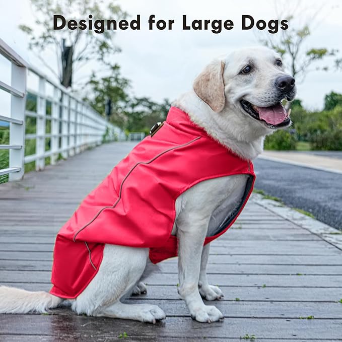 Outdoor Waterproof Dog Jacket for Extra Large Dogs,Doggie Coats with Harness Buitl in D-Ring Warm Fleece Dog Clothes for Cold Winter,Red 4XL