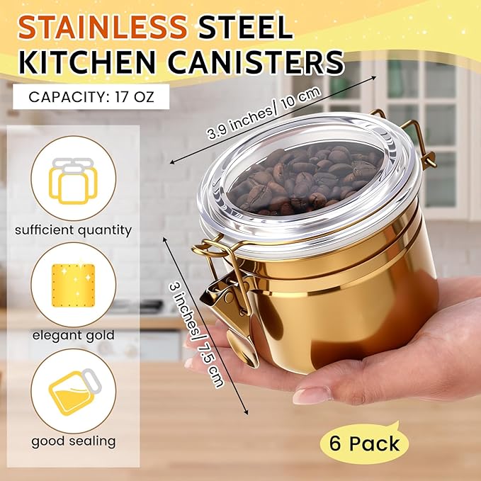 6 Pcs Stainless Steel Food Storage Containers Set Airtight Kitchen Canisters Coffee Jar with Clear Lid and Locking Clamp for Coffee Bean, Tea, Flour, Sugar, Cookie Storage (17 oz)