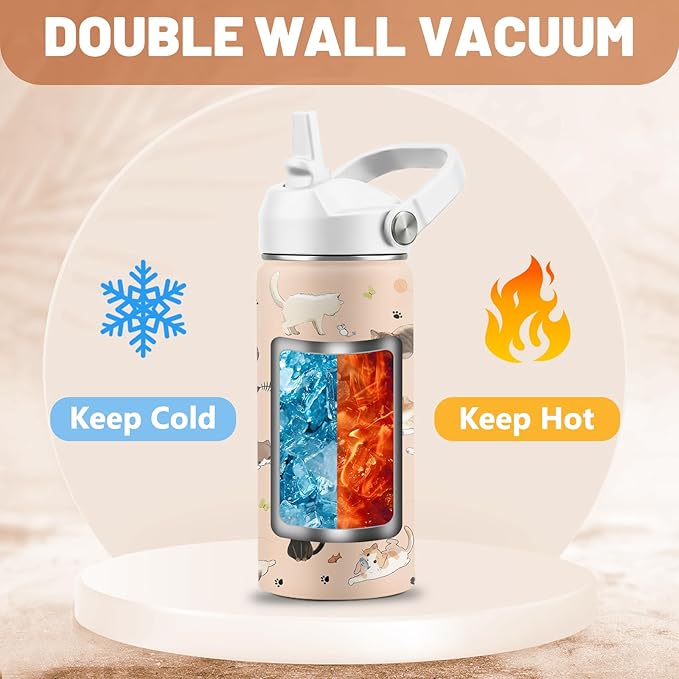 Cat Lover Gifts for Boys Girls, 16 oz Stainless Steel Insulated Water Bottle with Straw Lid, Cats Water Bottle for Cat Lovers, Cute Cat Tumbler for Birthday Christmas (1pcs)