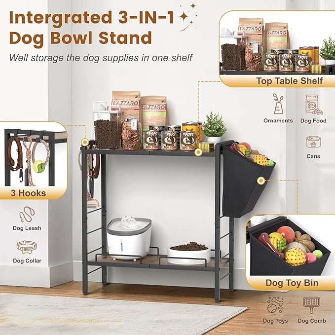 Elevated Dog Feeding Station, 23"D x11"W Large Raised Bowl Stand with Toy Basket Bin, 4 Height Adjustable Food Bowl Holder Cabinet Pet Storage Organizer for Medium Small Dogs Cats