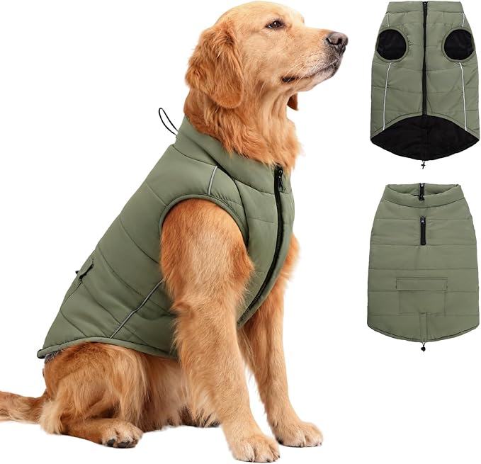 Dog Winter Coat - Waterproof Cold Weather Coat with Thick Padding, Windproof Dog's Snow Jacket with Neck & Tail Drawstrings, Reflective Puppy Jacket - Small Dog Coats, Olive Green XXL