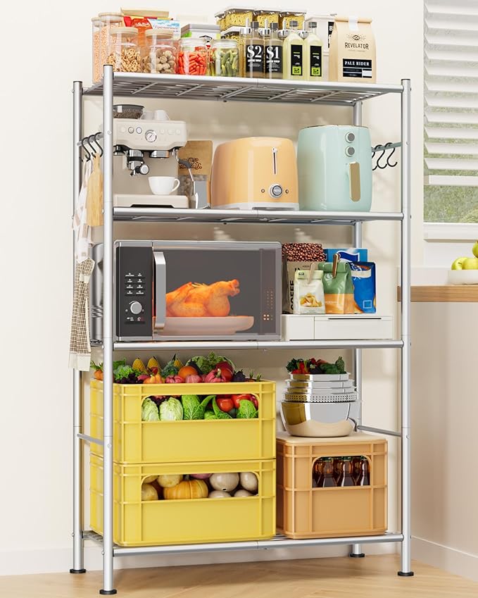 Storage Shelves - 4-Tier Spacious Shelf Organizer with Hooks & Leveling Feet, Easy to Assemble, Rust-Resistant Garage Shelving for Kitchen, Pantry, Bedroom, 33.2" x 12.7" x 57.3", Sliver