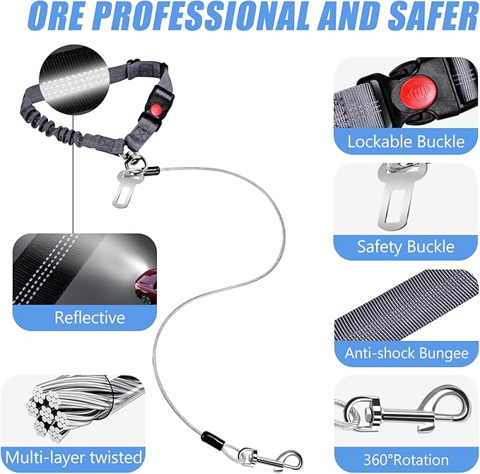2 in 1 Chew Proof Dog Seat Belt for Car, Heavy Duty Steel Cable Car Harness & Headrest Restraint for Medium & Large Dogs Chewer