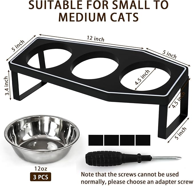 Gothic Cat Food Bowls Elevated, Raised Cat Bowls for Indoor, Non-Slip Stand & Wood Board, Stainless Steel and Whisker Friendly Food Bowls (Cat Bowl*3)