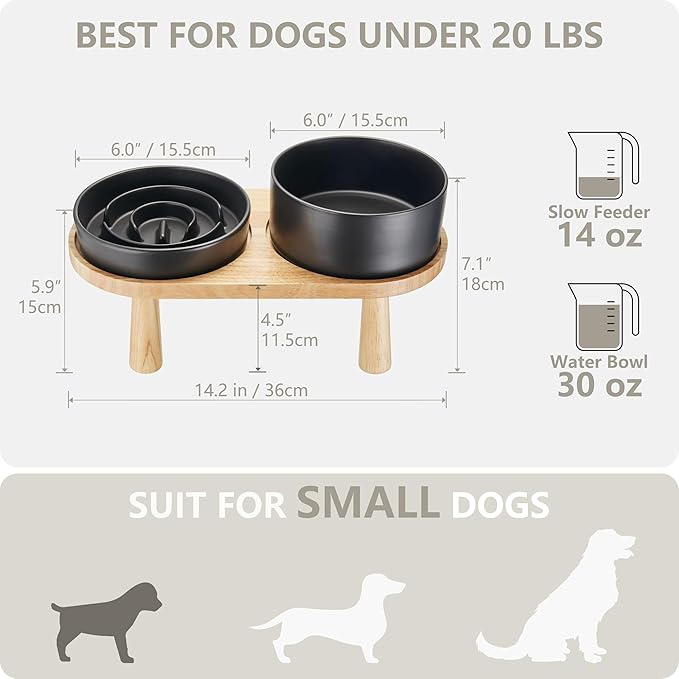 Ceramic Slow Feeder and Water Bowl Set for Small Dogs, 6.0 Inch Ceramic Dog Bowls Elevated with Wooden Stand, 0.6 Cups Dog Slow Feeder(14oz) and 30oz Water Bowl Set, Black
