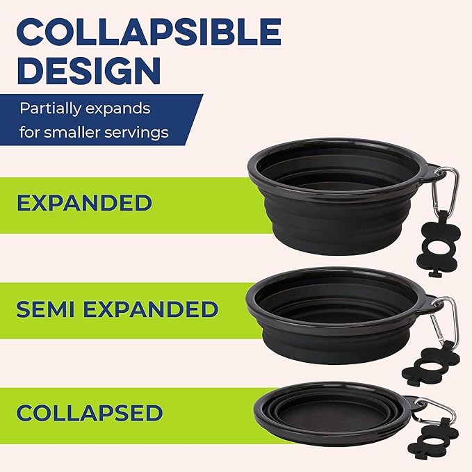 Bonza Collapsible Dog Bowls - Small 12 oz, Dog Travel Accessories, Silicone Portable Dogs Bowl & Water Dish with Reinforced Rim & Carabiner for Hiking, Camping, and Car Trips, Light Gray