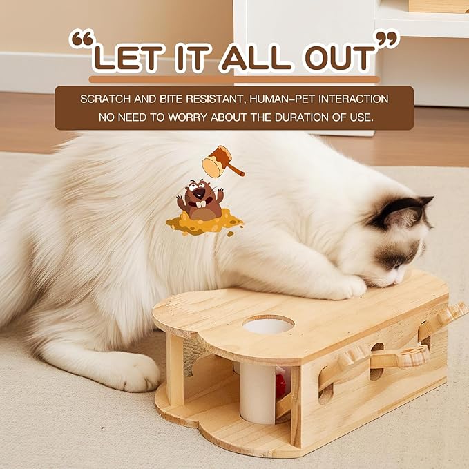 Wooden Whack-a-mole Interactive Cat Toy for Indoor Cats Interactive Pet Toy Box Cat Puzzle Toy for All Ages Cats for Indoor Play Exercise (3 Holes)