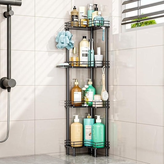 HapiRm Corner Shower Caddy Organizer - 4 Tier Shower Shelf Corner with Soap Holder, Rustproof Bathroom Standing Organizer with 4 Hooks, Black
