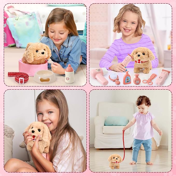 Golray Dog Toys for Kids Girls, Electronic Interactive Walking Barking Dog with 12 Pcs Carrier & Accessories Toddler Girl Toy Dog Puppy Pet Care Pretend Play Set, Birthday Gift for Little Girl 3 4 5 6