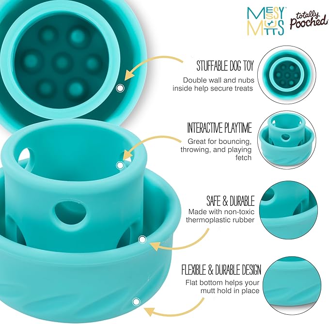Messy Mutts Totally Pooched Puzzle 'n Play Mushroom | Stuffable Treat Toy for Dogs |Durable TPR | 3.25”” x 2.5” (Small) Dog Toy | Teal