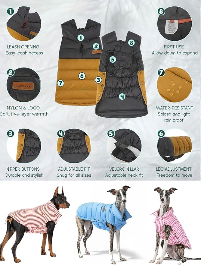 SPACE LION Dog Puffer Jacket, Down Winter Coat, Durable Outdoor Coat for Cold and Windy Conditions, Lightweight & Adjustable Fit Coats for Medium & Large Dogs, (BlackKhaki, Size20/XL)