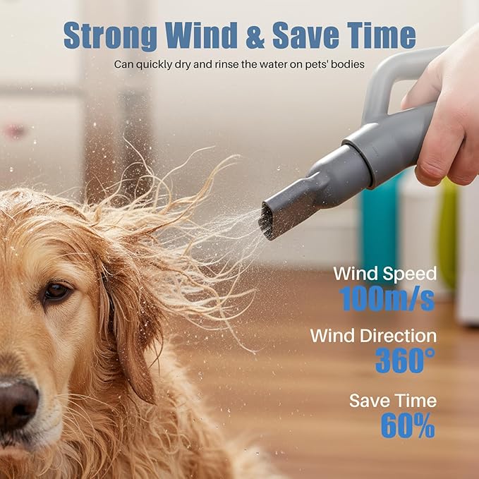 Dog Hair Dryer, Grooming Heat 1550W High Velocity Pet Blow Dryer, Speed Temperature Adjustable Dog Blower Grooming Dryer with 4 Nozzles