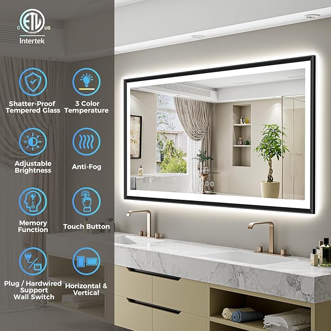 88x38 Black Framed LED Bathroom Mirror with Lights, Backlit and Front Light, Lighted Bathroom Vanity Mirror for Wall Dimmable Anti-Fog Memory Tempered Glass Horizontal/Vertical