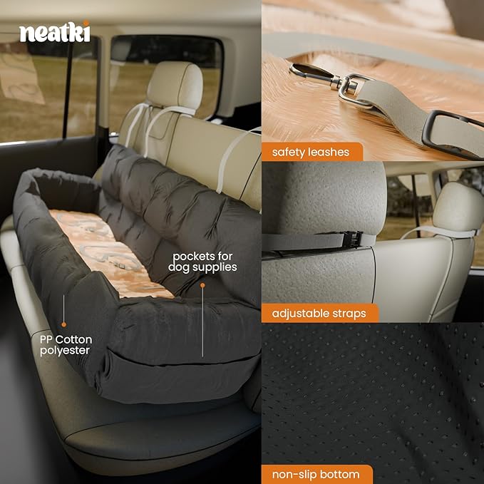 Dog Car Seat, Pet Booster Seat, Adjustable Straps, 2 Safety Leashes, Reversible Cushion, Side Pockets, Non-Slip Bottom (Gray, Small to Medium Dogs)