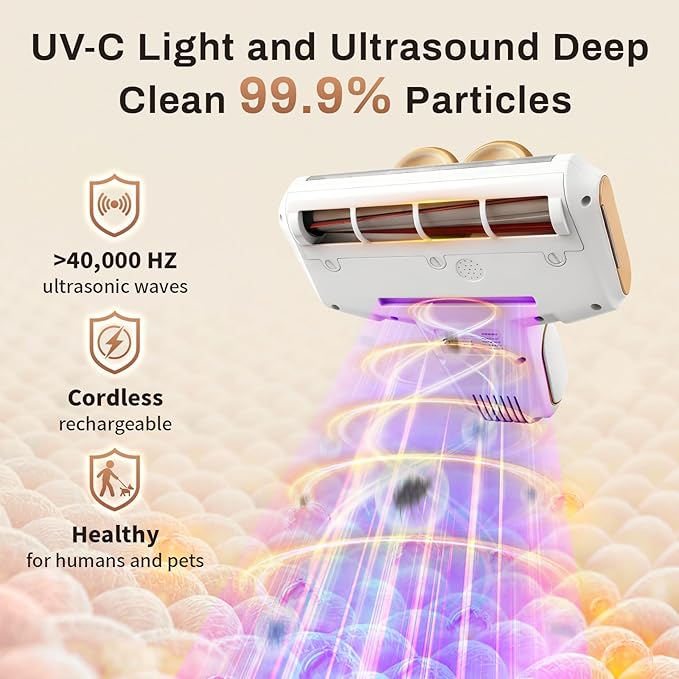 Cordless Mattress Vacuum Cleaner, 16Kpa Bed Vacuum with 253.7nm UV-C Light & Ultrasonic Tech, HEPA Filter, Portable Handheld Vacuum for Bed Sofa Couch Crib & Pet Hair (White)