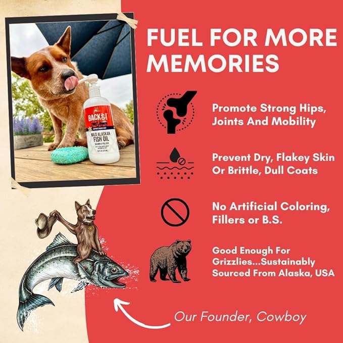 BACK 40 Dogs Wild Alaskan Fish Oil for Dogs, Skin and Coat Supplement for Dogs & Cats, Omega-3-Rich Salmon and Pollock Oil, EPA & DHA Dog Salmon Oil for Brain, Heart, and Joints 16 fl oz (473 ml)
