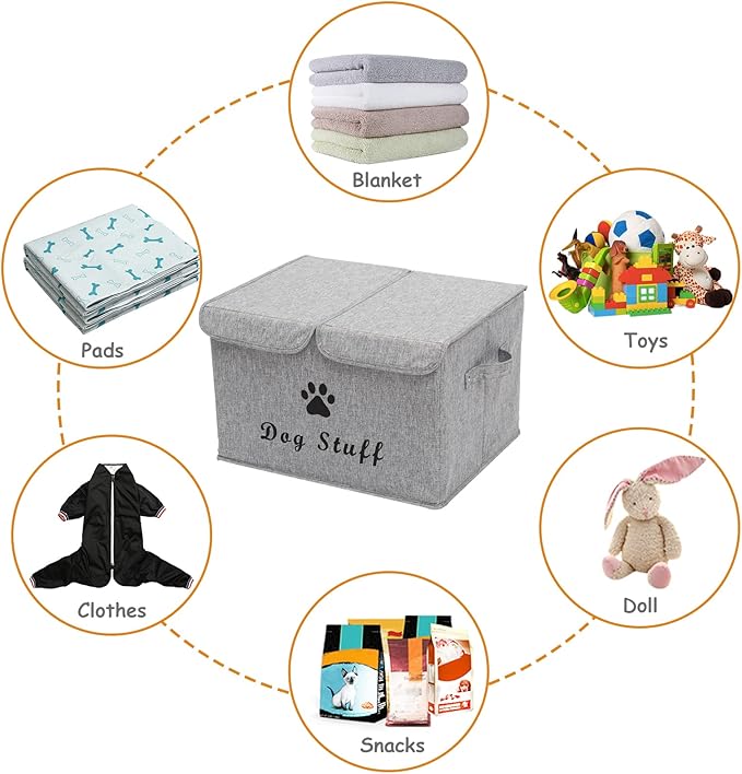 Geyecete Large Storage Boxes - Large Linen Fabric Foldable Storage Cubes Bin Box Containers with Lid and Handles for Dog Apparel & Accessories, Dog Toys(Snow Grey)