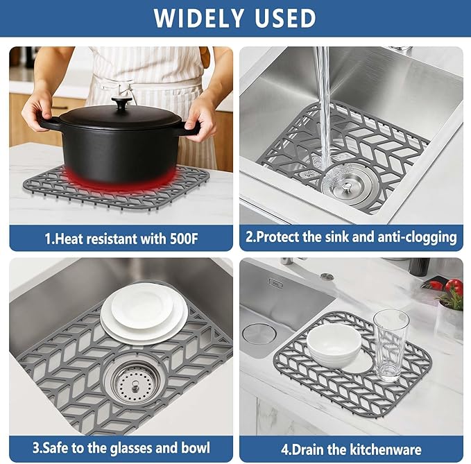 AWOKE Silicone Sink Protectors for Kitchen Sink, 12" x 11" Sink Mat for bottom of sink, Center Drain Hole, Protect Sink from Stains, Scratches, Dishwasher Safe Grid Mat for Kitchen (2 Pack, Gray)