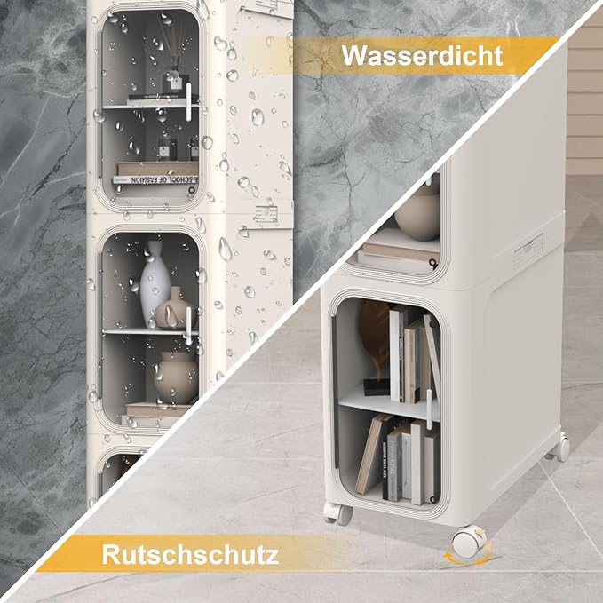 5-Tier Slim Tall Bathroom Cabinet, Plastic Tall Narrow Cabinet with Doors and Shelves, Floorstanding Skinny Cabinets with Wheels, Corner Bathroom Organizer for Small Space