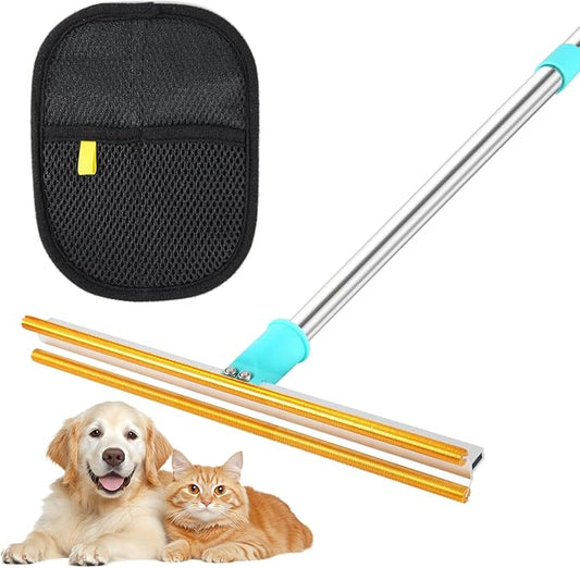 Carpet Rake for Pet Hair Removal, 51” Adjustable Long Handle Cat Dog Carpet Rake Scraper with Pet Hair Removal Glove, Reusable Cat Dog Hair Remover for Sofa, Couch, Rug, Car