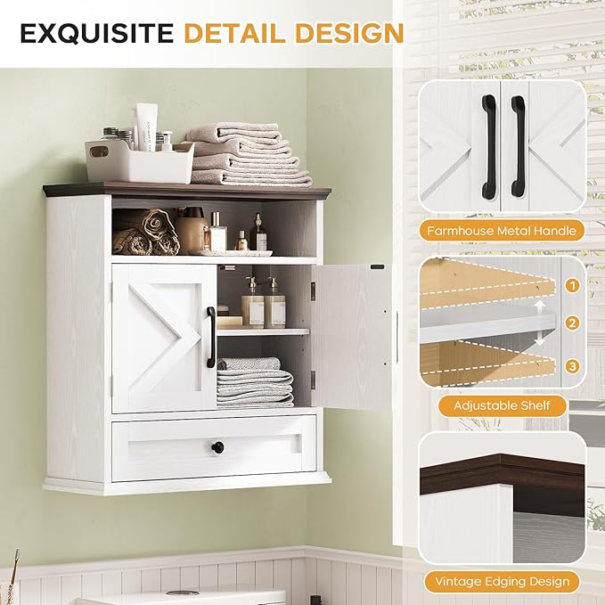 Bathroom Wall Cabinet, Wall Mounted Medicine Cabinet with Drawer, Barn Doors & Adjustable Shelf, 24.4"H x 23.6"W x 9"D White Over Toilet Farmhouse Storage Cabinet for Kitchen, Laundry Room, Entryway