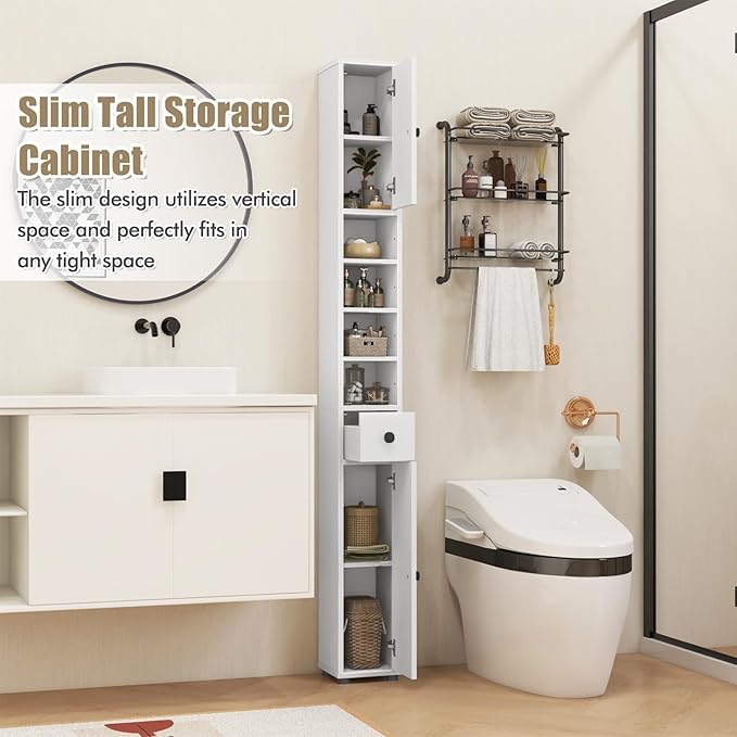 HOMGX 71” Tall Bathroom Storage Cabinet, Freestanding Linen Floor Cabinet with Drawer, Doors & Adjustable Shelves, Narrow Slim Cabinet for Living Room, Entryway, Small Spaces (White)