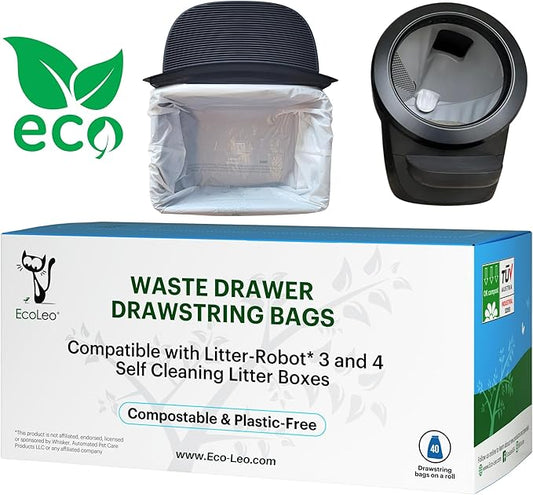 EcoLeo, Compostable Cat Litter Box Liners for Automatic Litter Box, Compatible with Litter-Robot 4/3, Leo's Loo Too & Catlink, Plant-based, Drawstring Liner Bags for Waste Drawer, Improved, Thicker