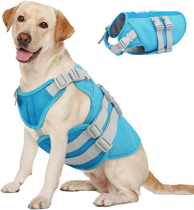 Kuoser Cooling Vest for Dogs, Large Cool Shirt for Dog, Pet Ice Jacket with Reflective Stripe, Doggie Beach & Summer Essentials Blue XL