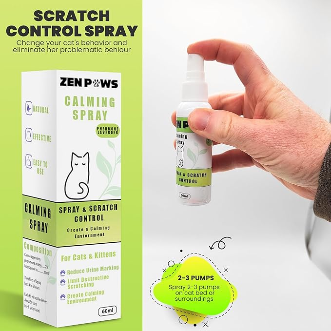 Zenpaws Cat Phermone Calming Spray - Quickly Relieve Stress - Reduces Scratching Furniture, Peeing, Marking, Anxiety - Supports Relief for Fireworks, Travel, Vet Visits 60ml