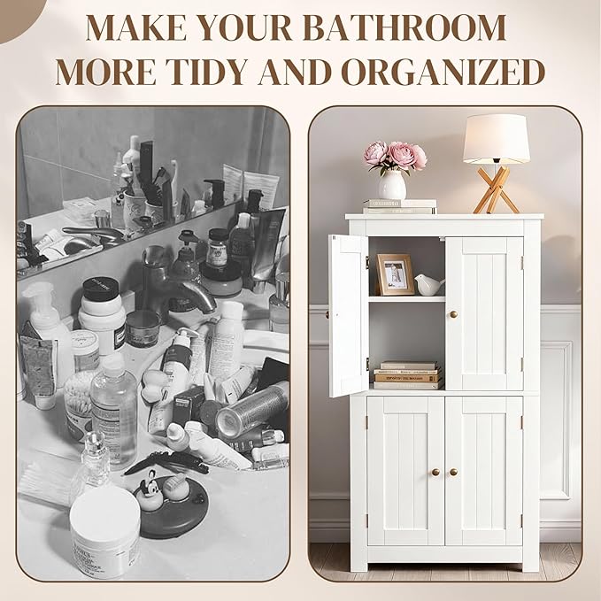 Karl home White Floor Storage Cabinet, Freestanding Storage Unit with 4 Doors, Thin Toilet Organizer for Small Spaces，for Entryway, Bathroom