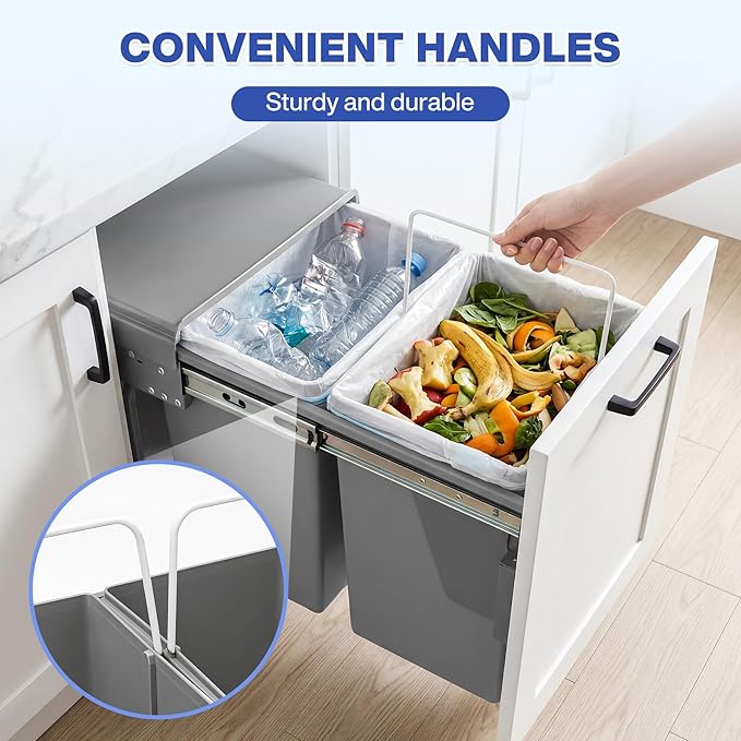 Double Pull Out Trash Can for Under Kitchen Cabinets 44 Qt with Soft-Close Slides, Under Sink Garbage Waste Recycling Bin with Lid for Cabinet, Gray