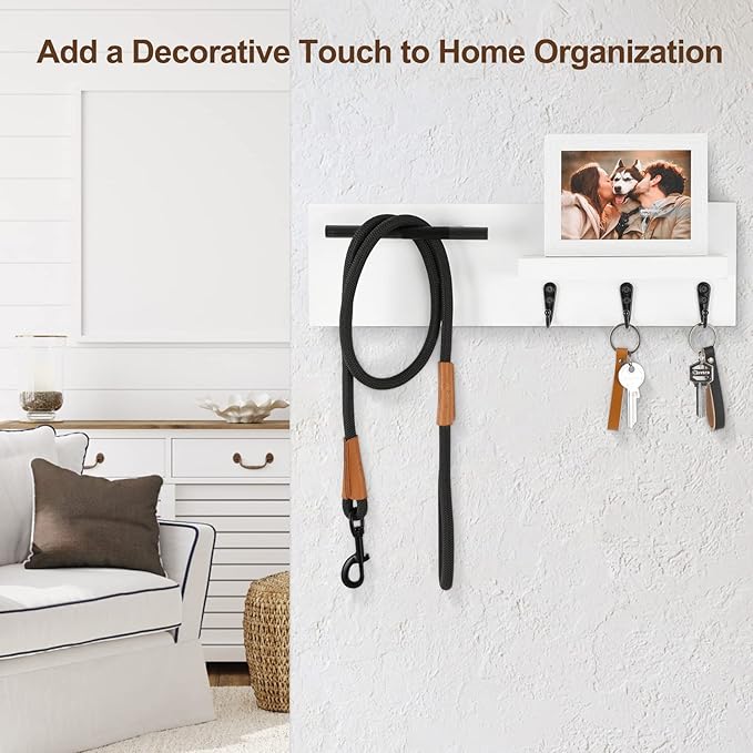 Key Holder for Wall, Decorative Entryway Shelf with Hooks Holds Keys, Dog Leash, Sunglasses – Key Hanger with 3 Hooks Organizes, Enhances Home Decor (15” x 4.5” x 2.6”) (White)