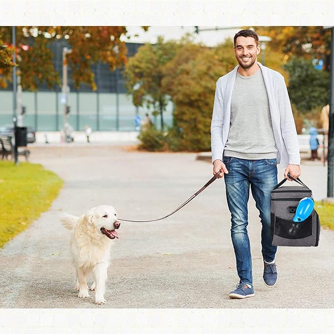 Teamoy Double Layer Dog Travel Bag, Dog Bag for Supplies with 2 Silicone Collapsible Bowls, 2 Food Carriers, 1 Water-Resistant Placemat, Pet Supplies Weekend Tote Organizer (Large, Gray)