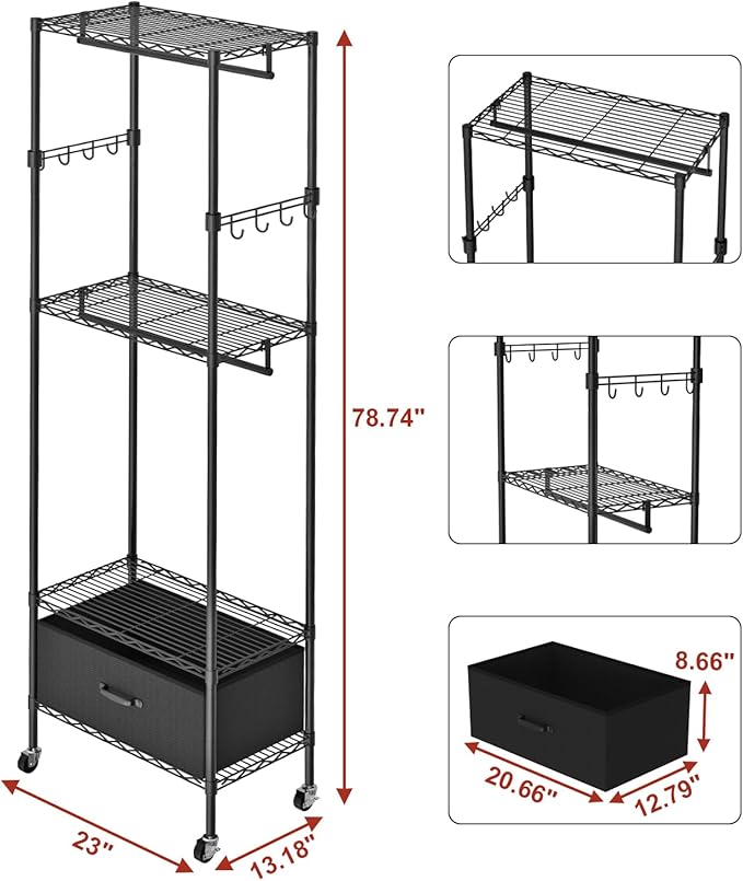 Clothes Rack, Clothing Rack for Hanging Clothes, 4 Tiers Adjustable Closet Organizer System with Drawer | Double Rods | Side Hooks | Load 445lbs | 23" L x 13.18" W x 78.74" H | Black