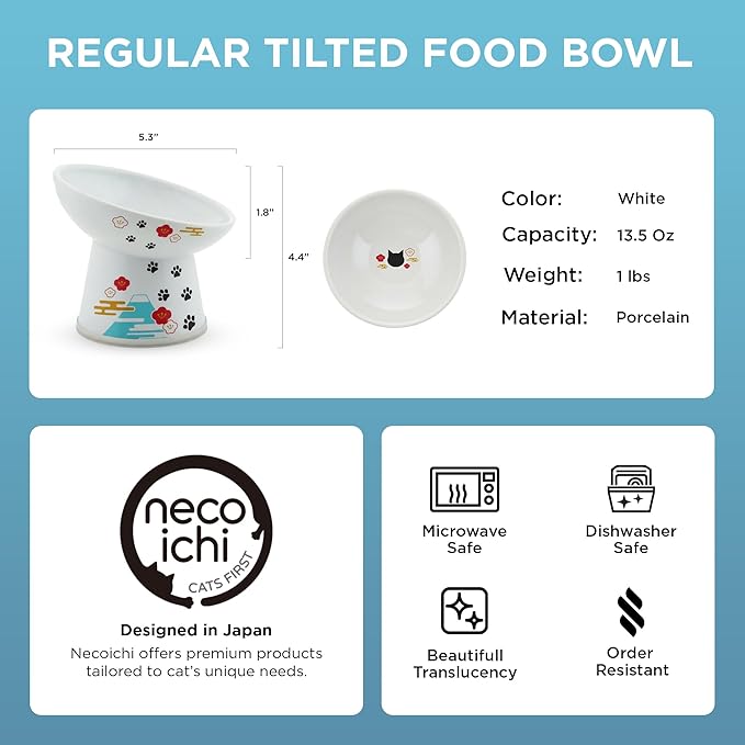Necoichi Raised Cat Food Bowl – Ceramic Elevated 15° Tilted Cat Bowl for Whisker & Neck Fatigue, Dishwasher Microwave Safe – Non-Slip & Anti Vomiting Ergonomic Design (Fuji, Regular Tilted)