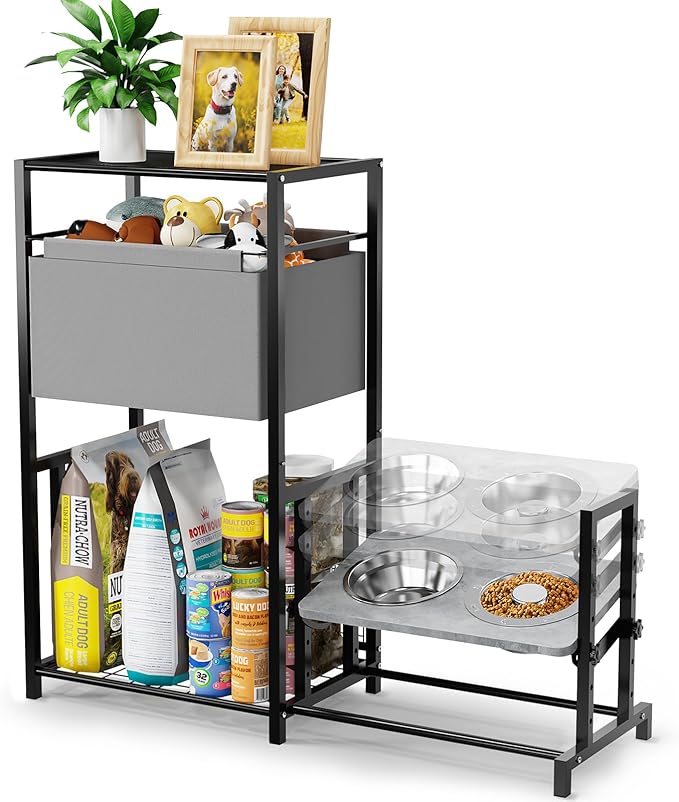 Elevated Dog Bowls Stand with Pet Storage Organizer, Adjustable Feeding Station Cabinet with Toy Basket for Large, Medium, and Small Dogs